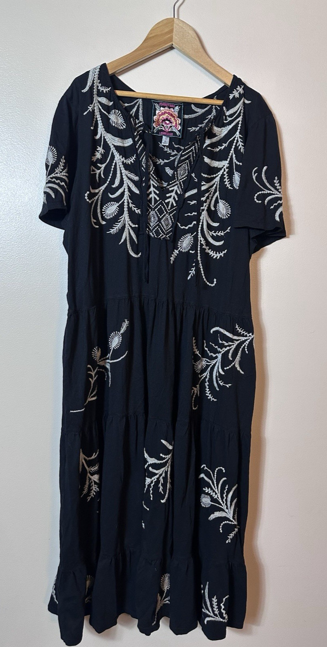 Johnny Was Dress Womens XL Black Fern Knit Embroidered Lagenlook Western Resort